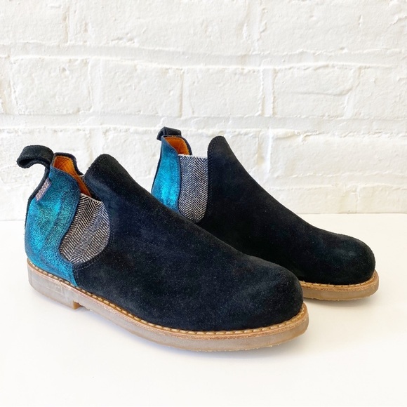 Penelope Chilvers || Metallic Safari Patchwork Booties Teal Black Suede - Picture 1 of 9